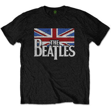 The Beatles Unisex T-Shirt: Drop T Logo & Vintage Flag (Black)