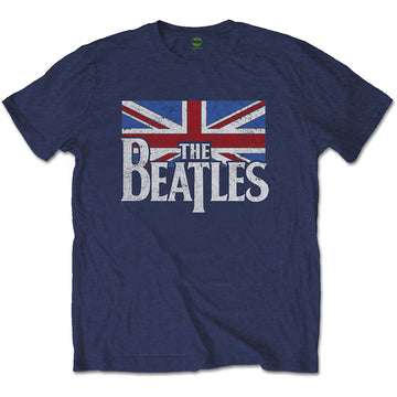 The Beatles Unisex T-Shirt: Drop T Logo & Vintage Flag (Navy Blue)