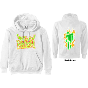 Billie Eilish Unisex Pullover Hoodie: Airbrush Flames Blohsh (White) (Back Print)