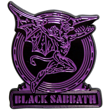Black Sabbath Pin Badge: Purple Text Logo & Daemon