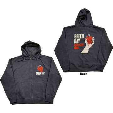 Green Day Unisex Zipped Hoodie: American Idiot (Navy Blue) (Back Print)