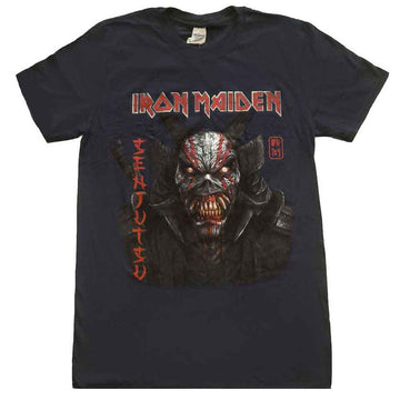 Iron Maiden Unisex T-Shirt: Senjutsu Black Cover Vertical Logo - Navy Blue