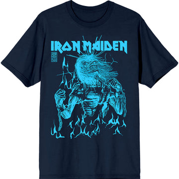Iron Maiden Unisex T-Shirt: 50 Life After Death Flames Blue (Navy Blue)