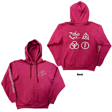 Led Zeppelin Unisex Zipped Hoodie: Symbols (Maroon Red) (Back Print)