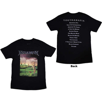 Megadeth Unisex T-Shirt: Youthanasia Tracklist (Black) (Back Print)