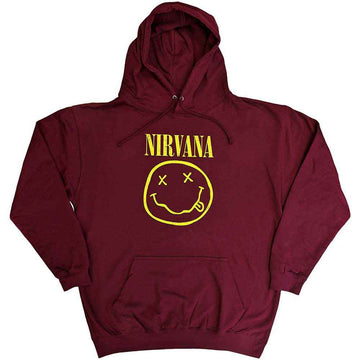 Nirvana Unisex Pullover Hoodie: Yellow Happy Face (Maroon Red)