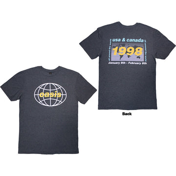 Oasis Unisex T-Shirt: 1998 World Tour - USA/Canada (Navy Blue) (Back Print)