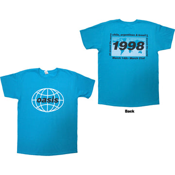 Oasis Unisex T-Shirt: 1998 World Tour - South America (Blue) (Back Print)