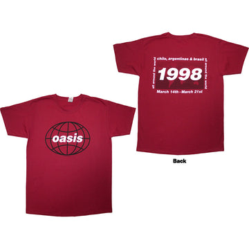 Oasis Unisex T-Shirt: 1998 World Tour - South America (Red) (Back Print)