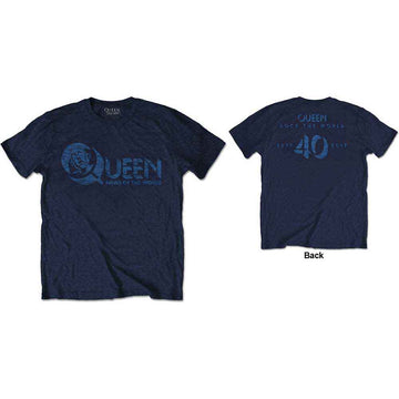Queen Unisex T-Shirt: News of the World 40th Vintage Logo (Navy Blue) (Back Print)
