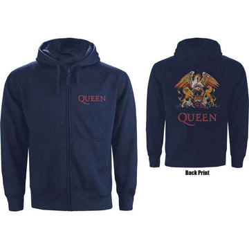 Queen Unisex Zipped Hoodie: Classic Crest (Navy Blue) (Back Print)