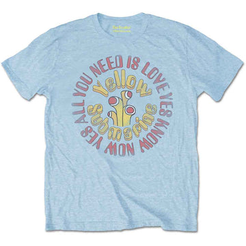 The Beatles Unisex T-Shirt: Yellow Submarine All You Need Is Love Circle Vintage (Light Blue)