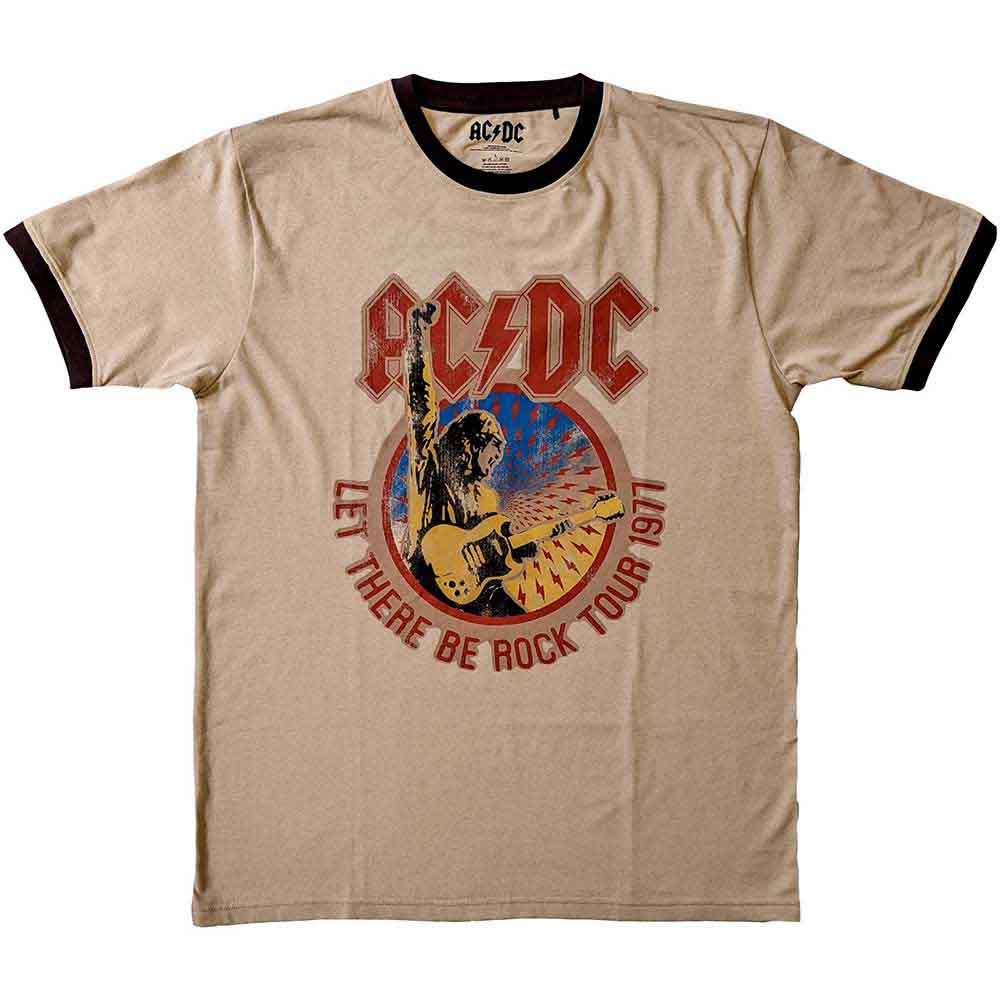 AC/DC Unisex Ringer T-Shirt: Let There Be Rock Tour '77 (Sand)