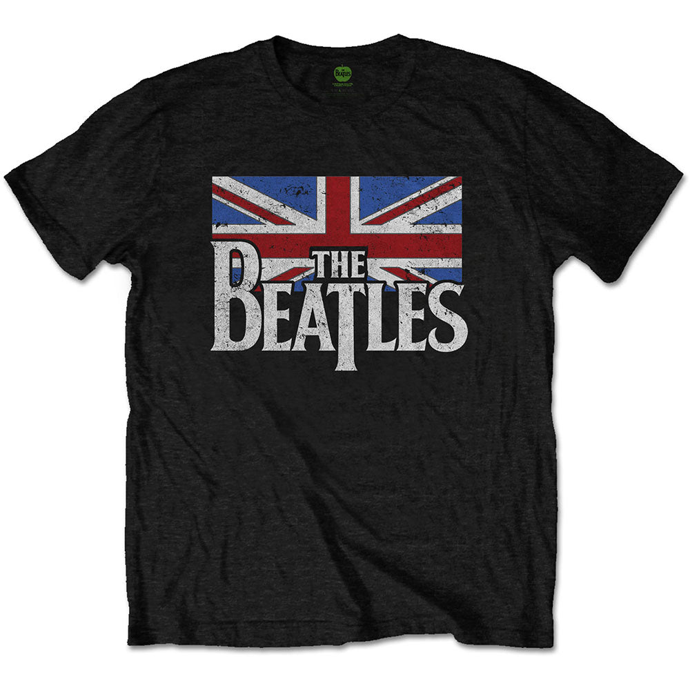 The Beatles Unisex T-Shirt: Drop T Logo & Vintage Flag (Black)