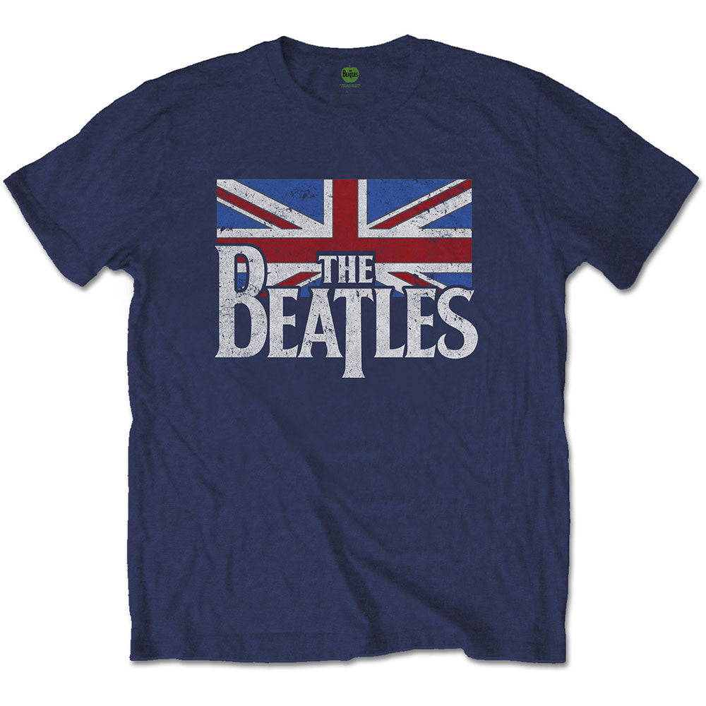 The Beatles Unisex T-Shirt: Drop T Logo & Vintage Flag (Navy Blue)