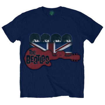 The Beatles Unisex T-Shirt: Guitar & Flag (Navy Blue)