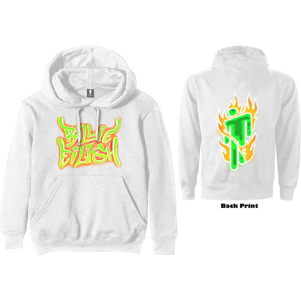 Billie Eilish Unisex Pullover Hoodie: Airbrush Flames Blohsh (White) (Back Print)