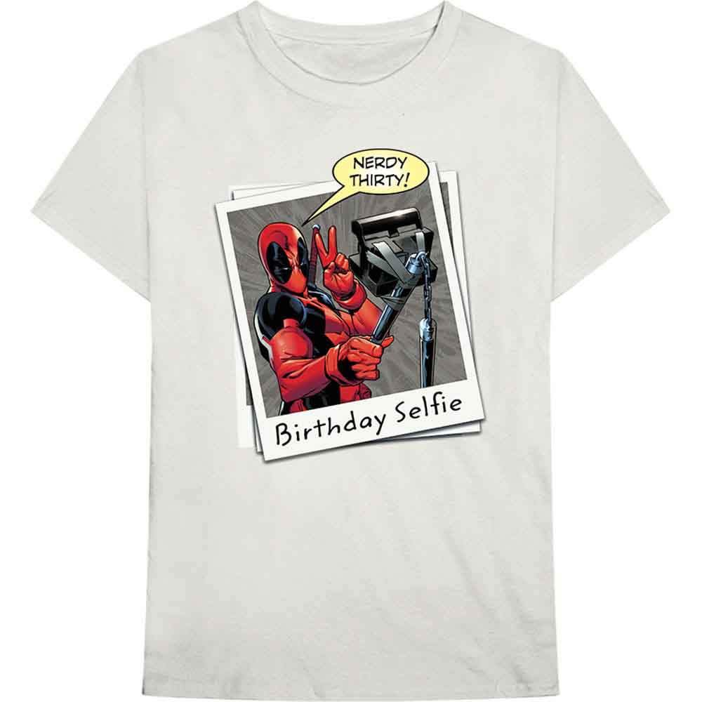 Marvel Comics Unisex T-Shirt: Deadpool Birthday Selfie (Ecru)