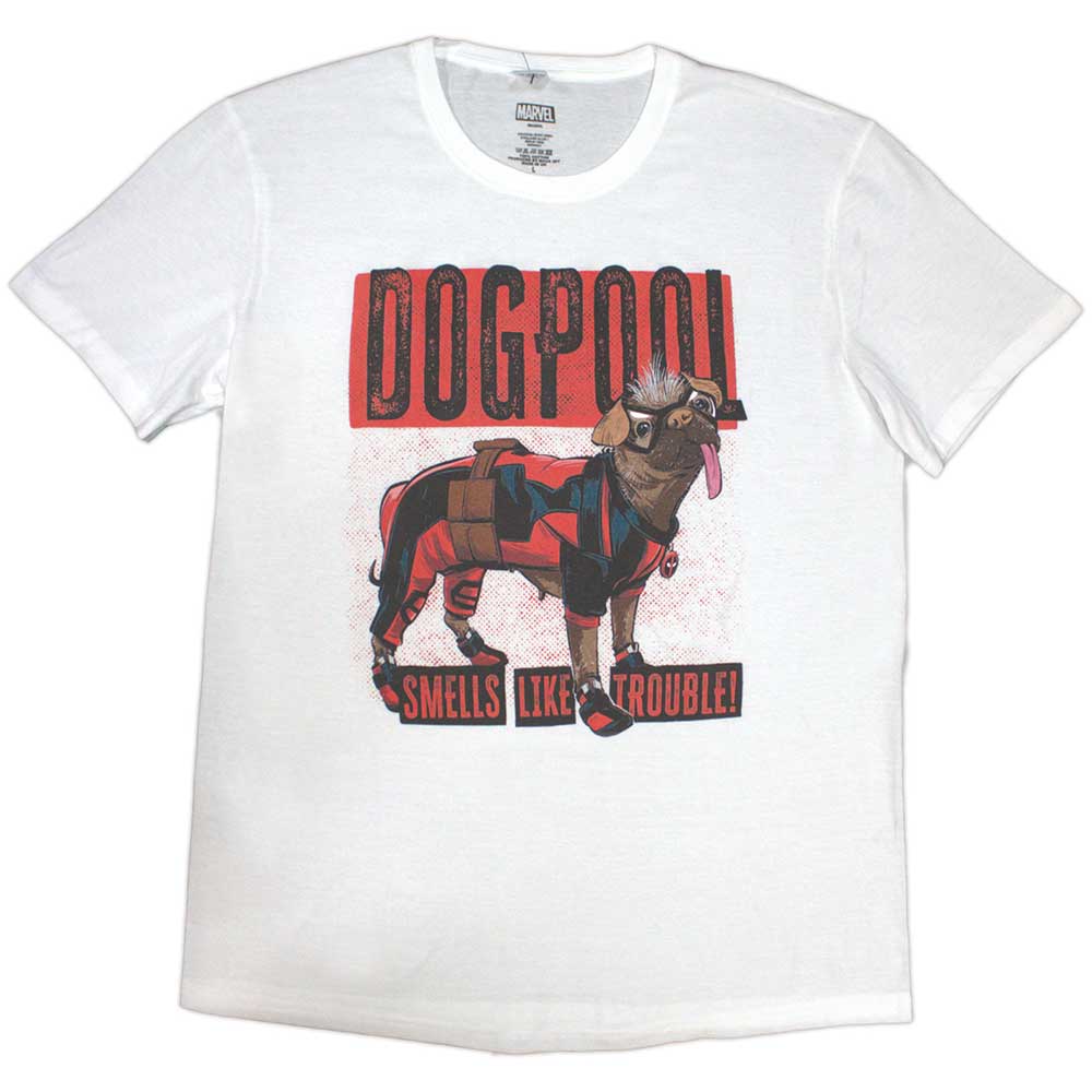 Marvel Comics Unisex T-Shirt: Deadpool Dogpool Smells Like Trouble (White)