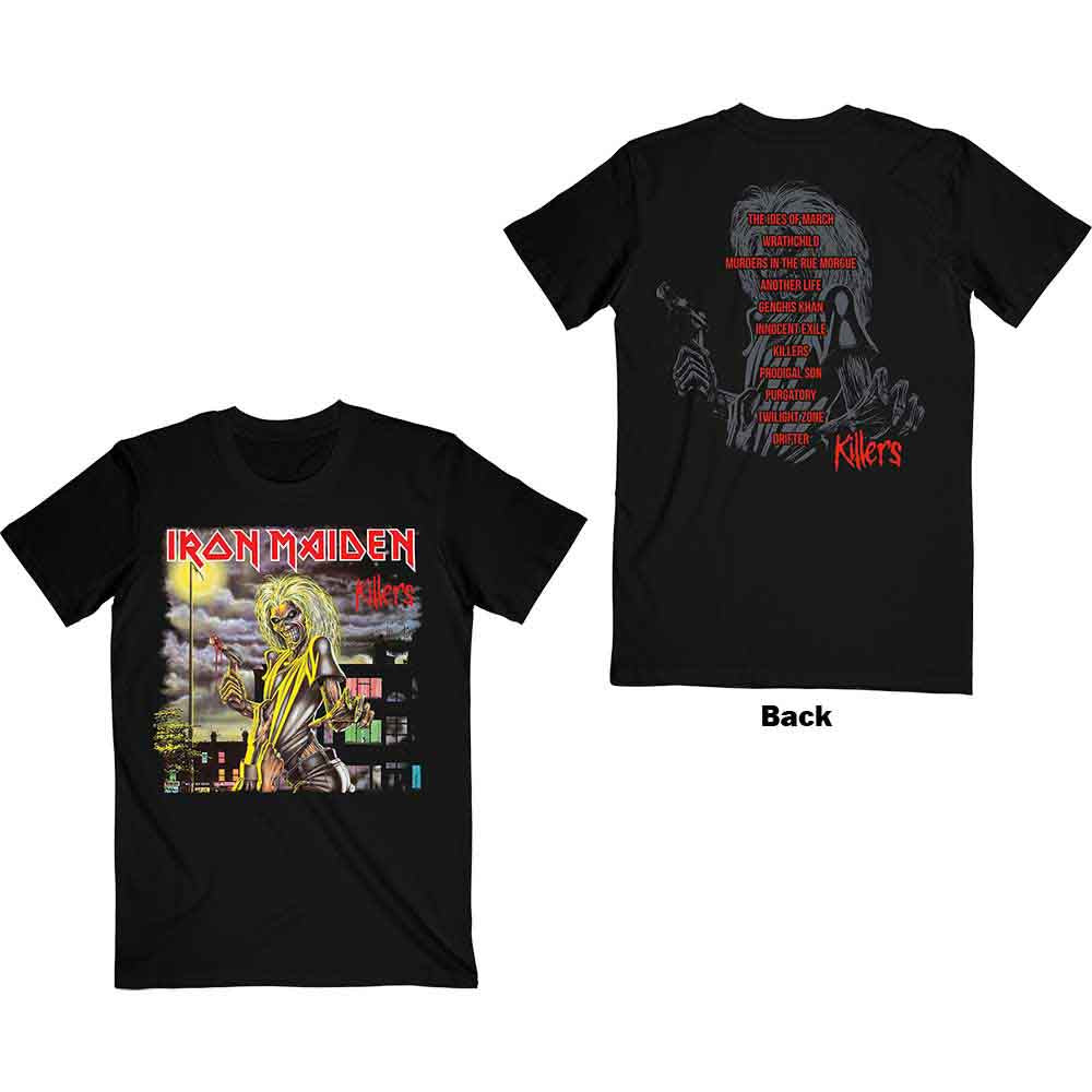 Iron Maiden Unisex T-Shirt: Killers V.2. Album Track list (Back Print) - Black