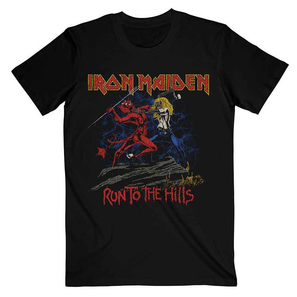 Iron Maiden Unisex T-Shirt: Number Of The Beast Run To The Hills Distress (Black)