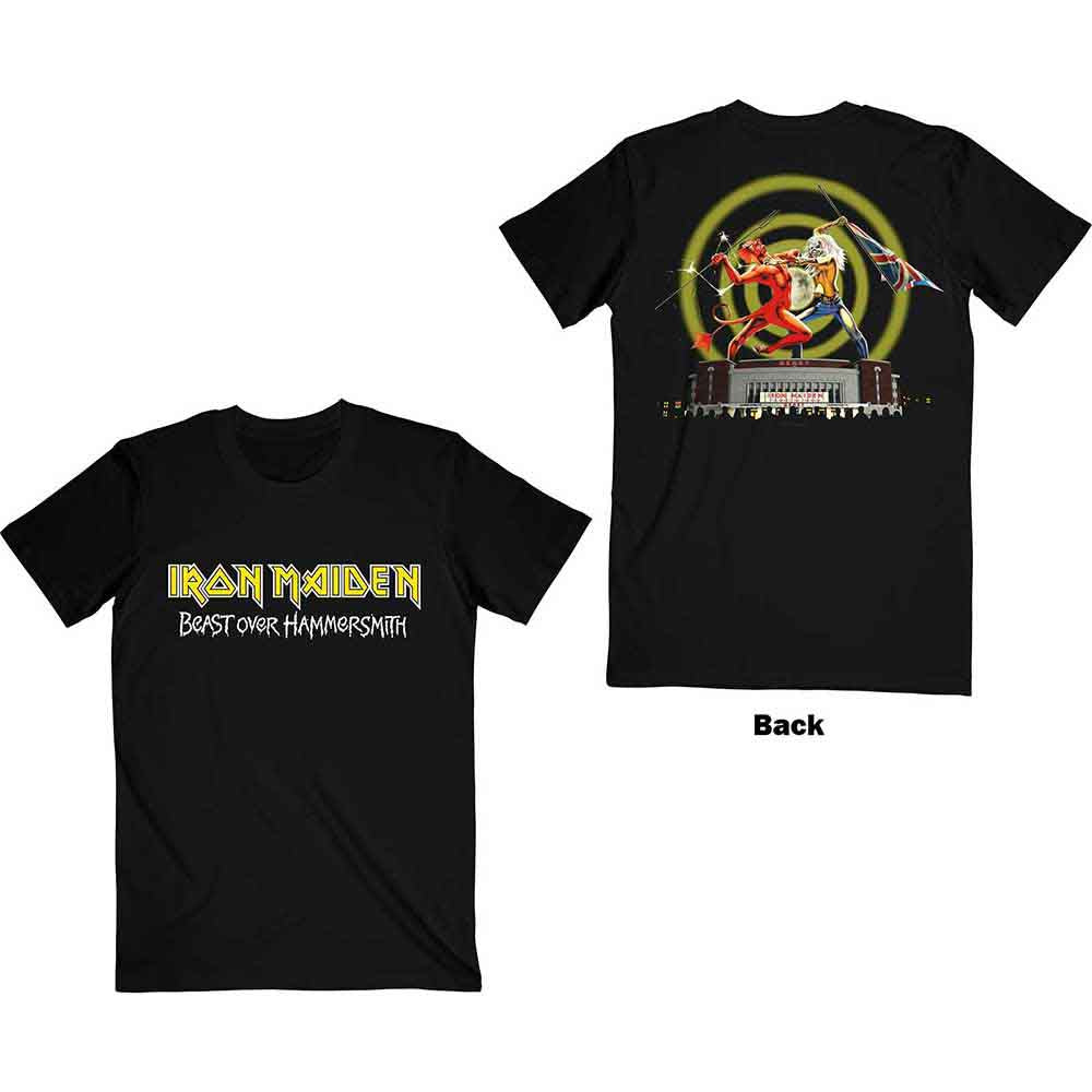 Iron Maiden Unisex T-Shirt: Beast Over Hammersmith Eddie & Devil (Black) (Back Print)