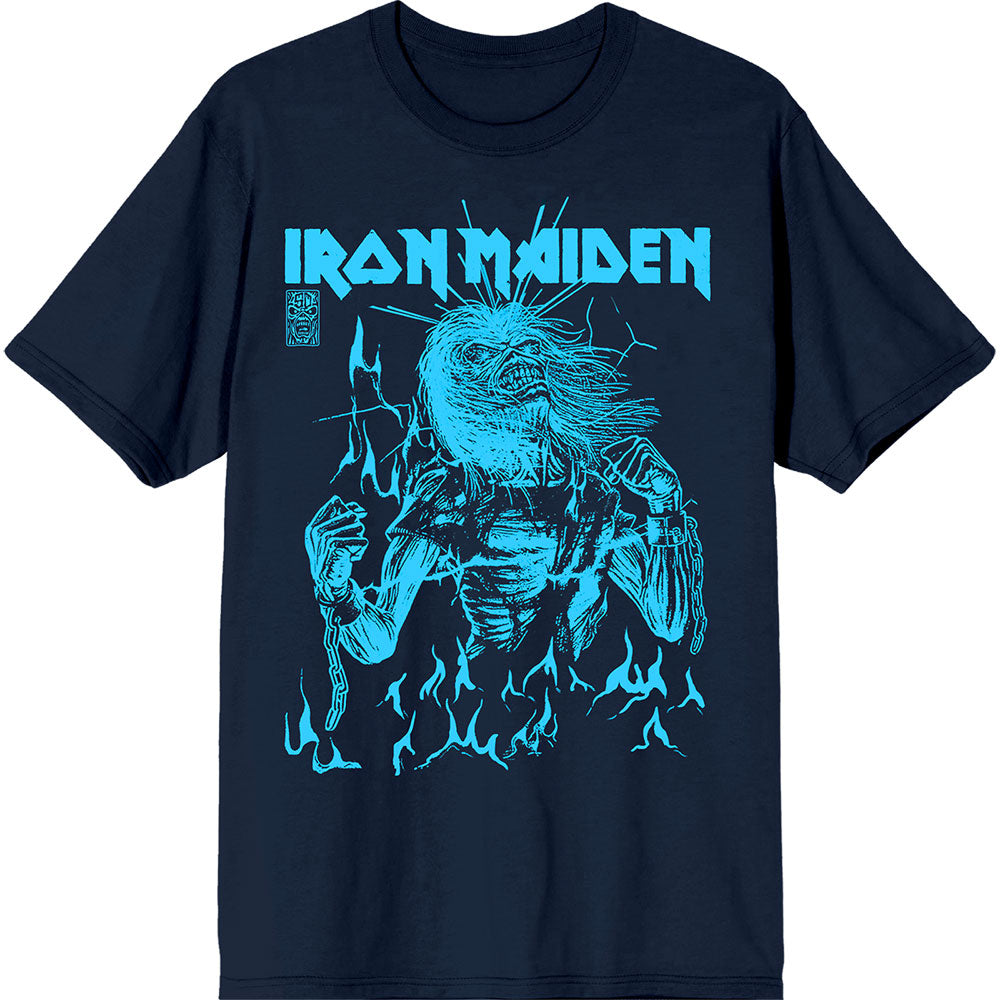 Iron Maiden Unisex T-Shirt: 50 Life After Death Flames Blue (Navy Blue)