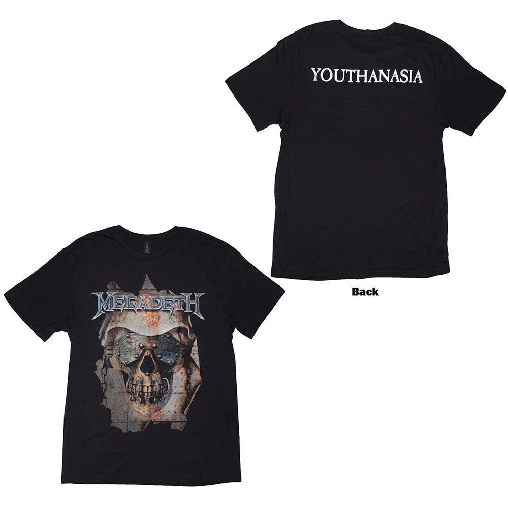Megadeth Unisex T-Shirt: Youthanasia Ripped Thru (Black) (Back Print)