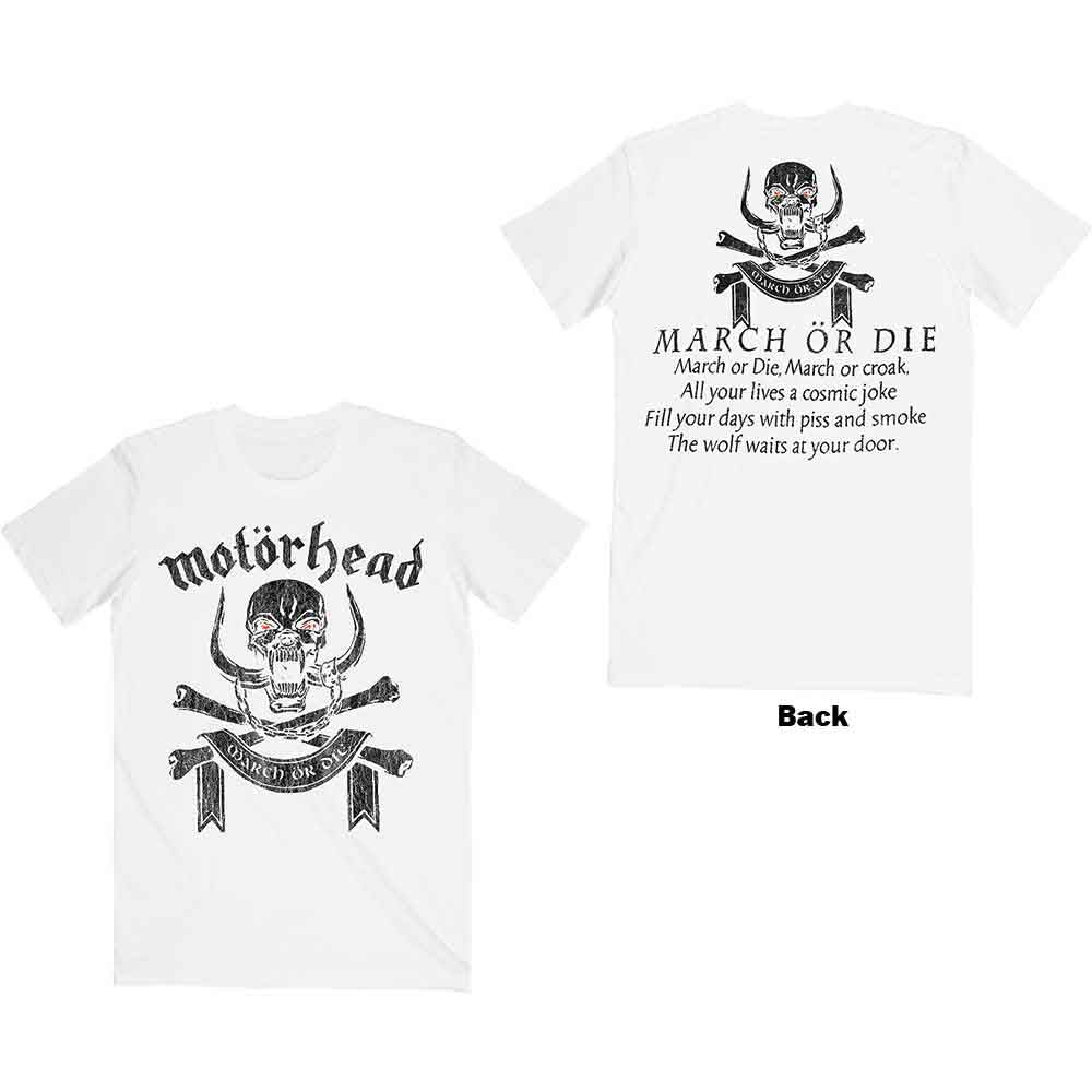 Motorhead Unisex T-Shirt: March or Die (White) (Back Print)