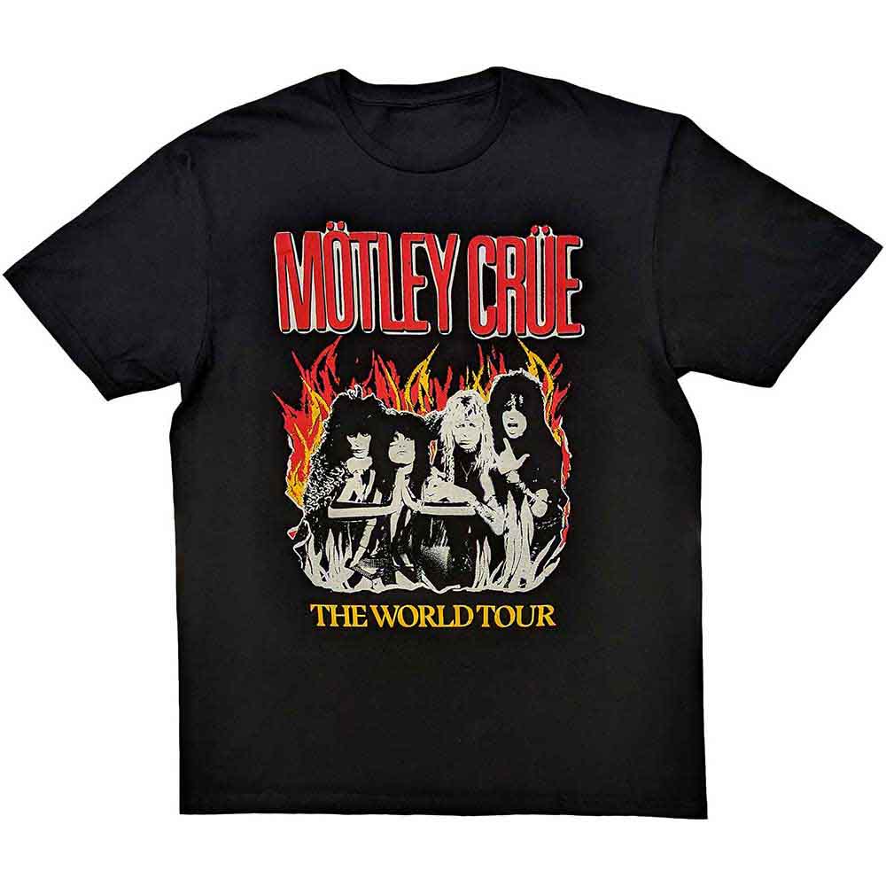 Motley Crue Unisex T-Shirt: Vintage World Tour Flames (Black)