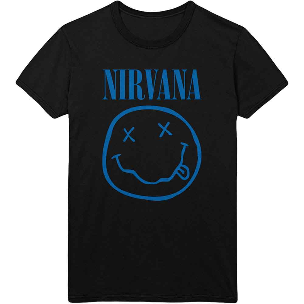 Nirvana Unisex T-Shirt: Blue Happy Face (Black)