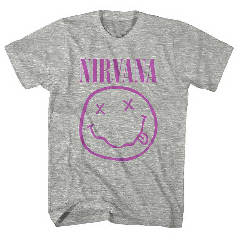 Nirvana Unisex T-Shirt: Purple Happy Face (Grey)