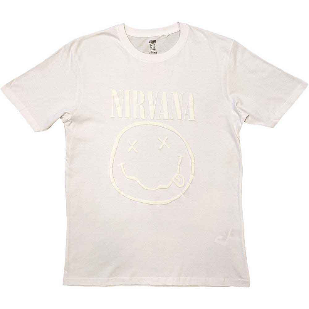 Nirvana Unisex T-Shirt: White Happy Face (White) (Hi-Build White-On-White)