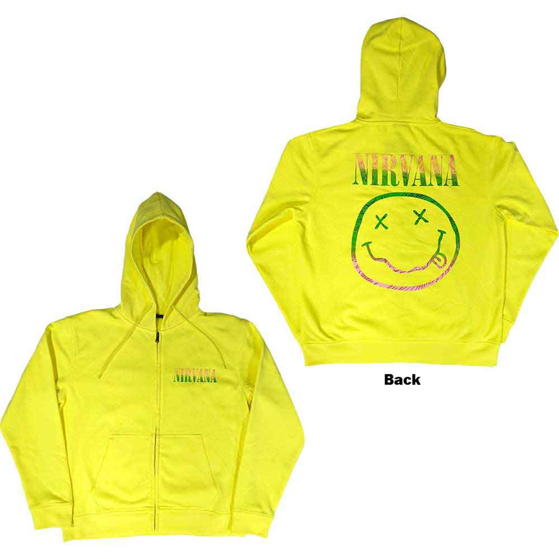 Nirvana Unisex Zipped Hoodie: Sorbet Ray Happy Face (Neon Yellow) (Back Print)