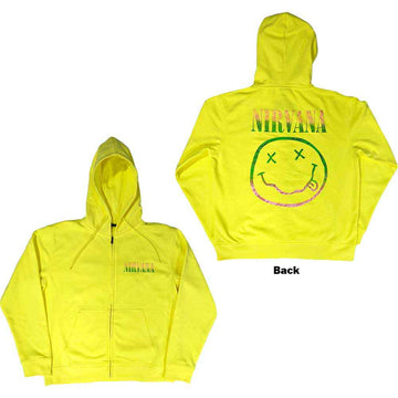 Nirvana Unisex Zipped Hoodie: Sorbet Ray Happy Face (Neon Yellow) (Back Print)