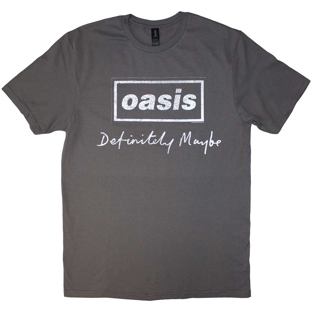 Oasis Unisex T-Shirt: Definitely Maybe Distressed Text Logo (Charcoal Grey)