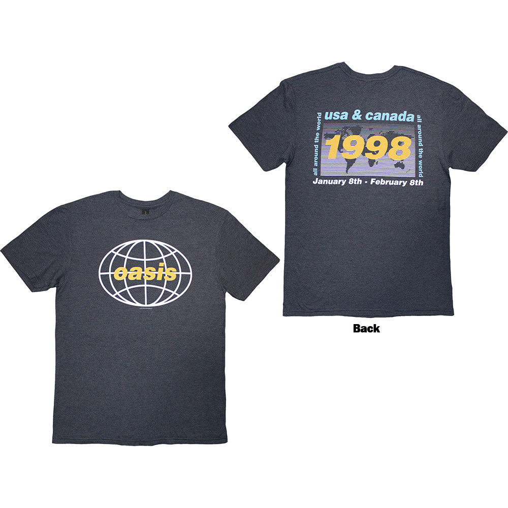 Oasis Unisex T-Shirt: 1998 World Tour - USA/Canada (Navy Blue) (Back Print)