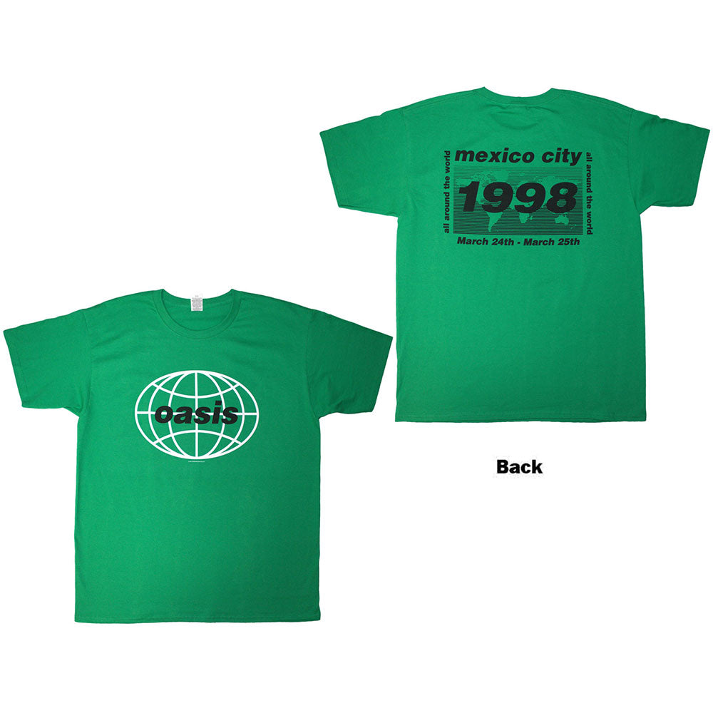 Oasis Unisex T-Shirt: 1998 World Tour - Mexico City (Green) (Back Print)