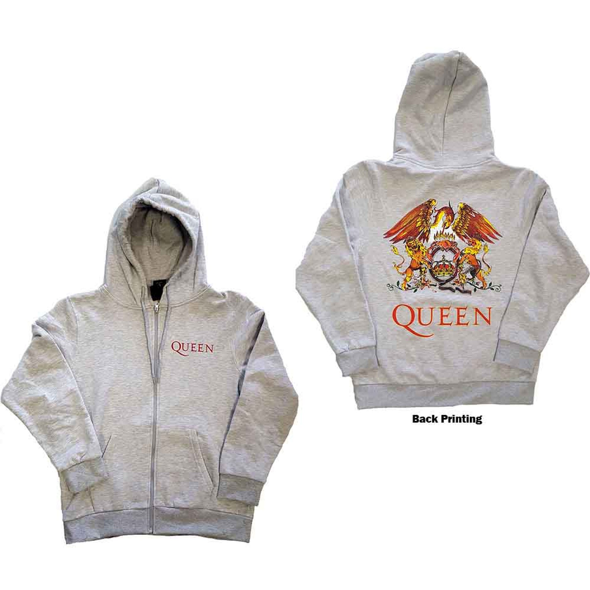 Queen Unisex Zipped Hoodie: Classic Crest (Ash Grey) (Back Print)