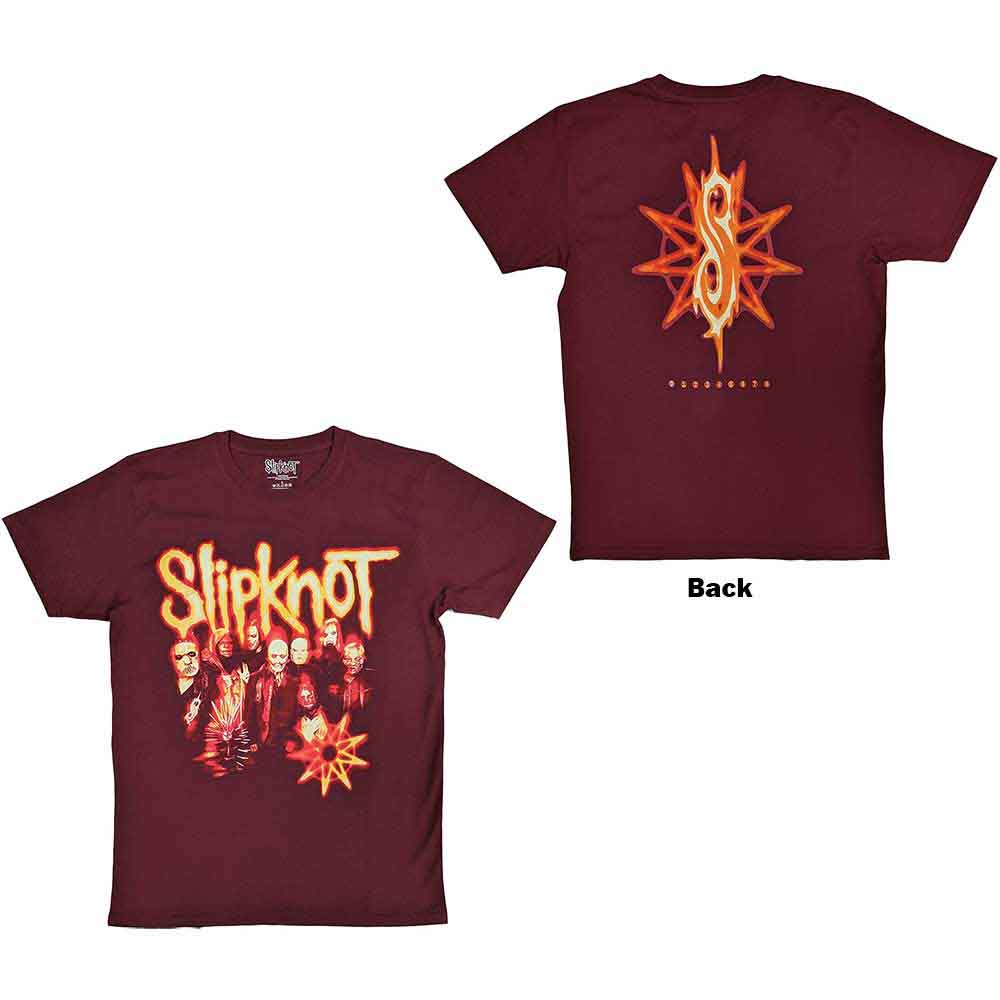 Slipknot Unisex T-Shirt: The End, So Far Group Photo Tribal S Nonogram Maroon Red (Back Print)